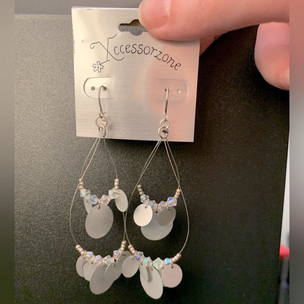Dangling Earrings with Iridescent Beads and Silver Discs